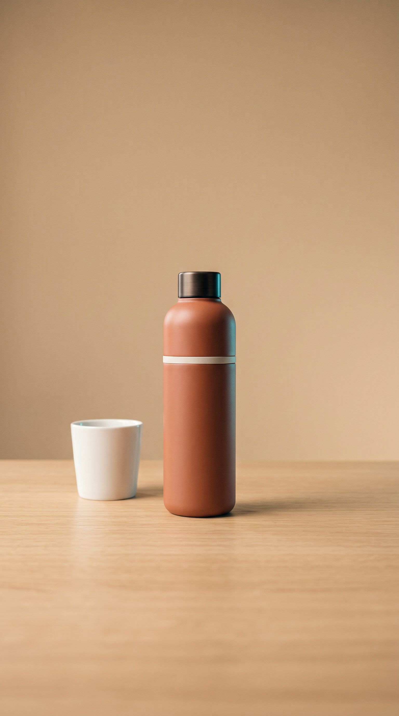 The terracotta bottle beside a small white cup on a desk.