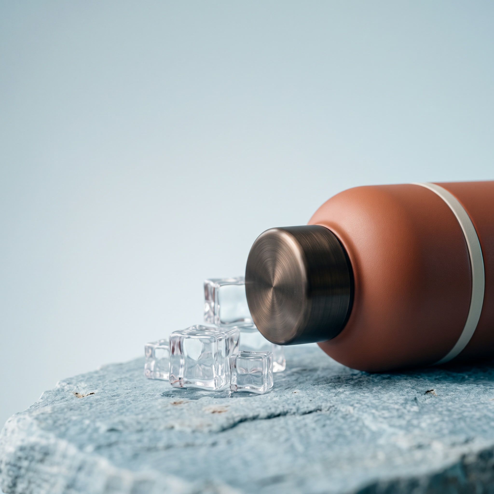 Close view of the terracotta bottle lying on stone beside ice cubes.