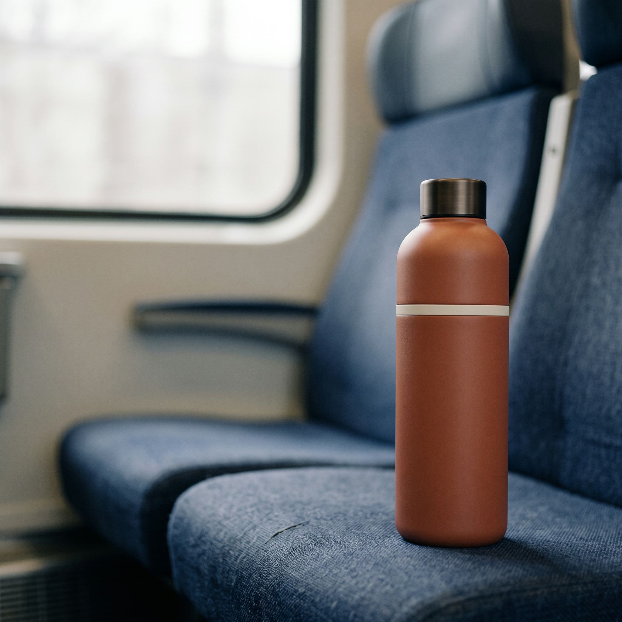 The terracotta bottle on a blue train seat by the window.