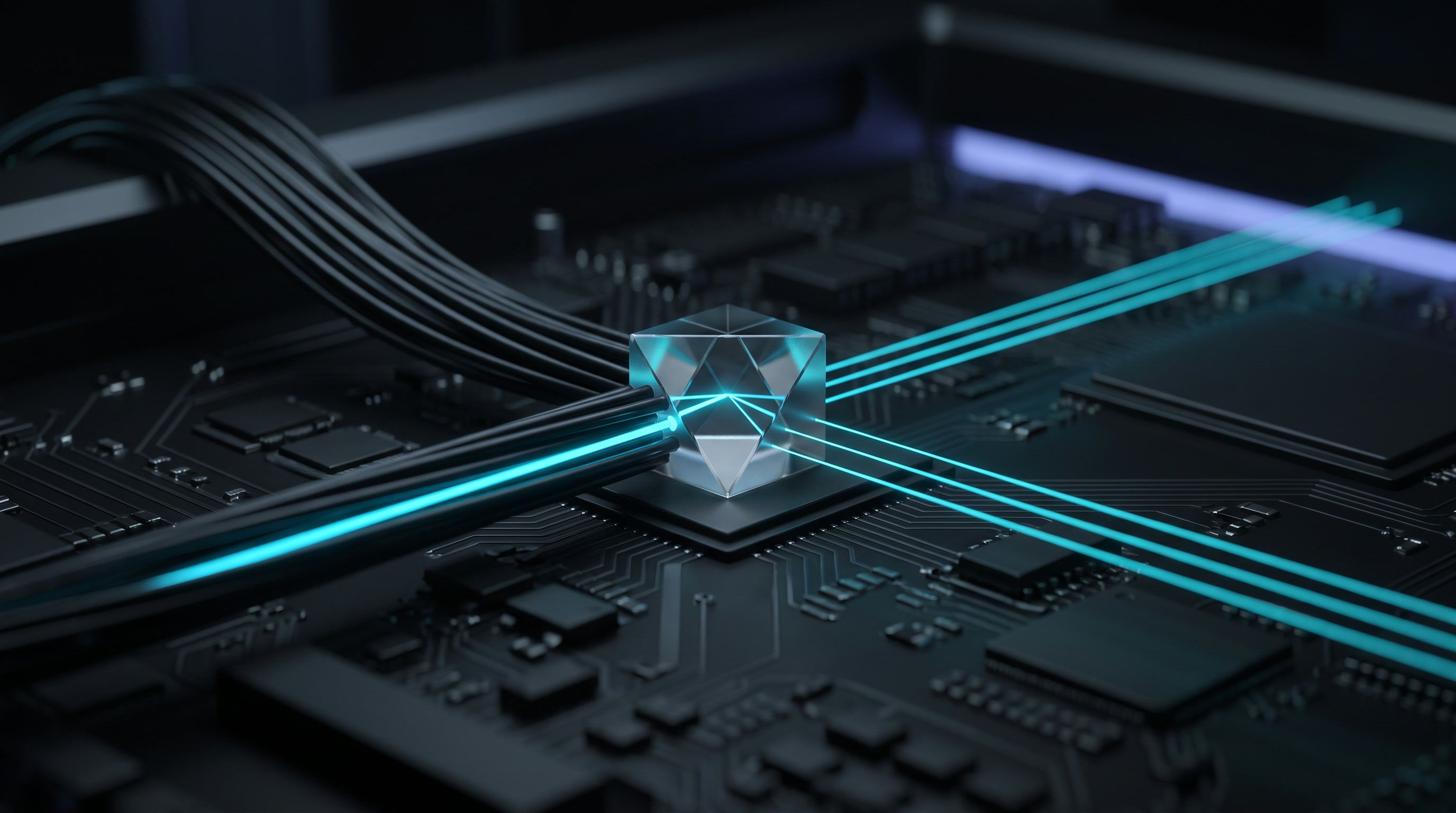 A glass prism on a circuit board splitting one cyan beam into three separate traces.