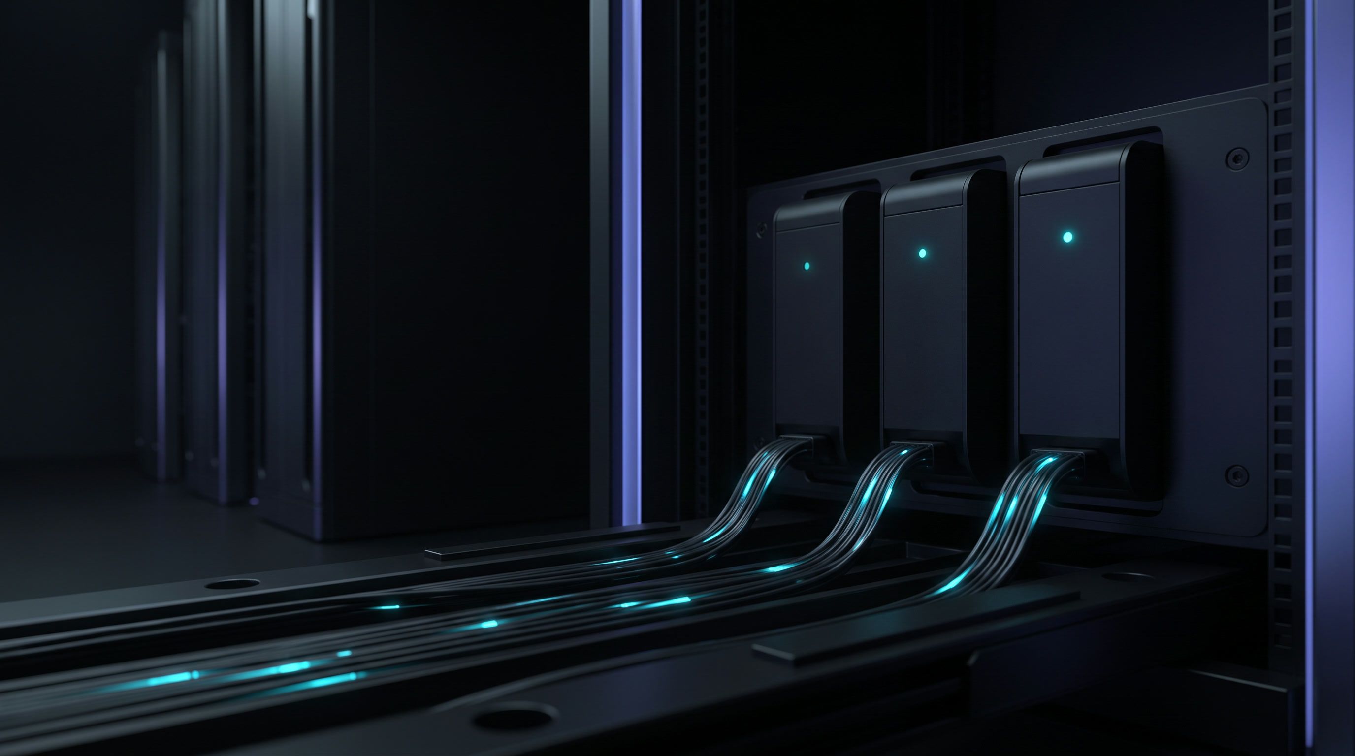 Three cables running along a rail into three matching hardware modules, each with one small status light.